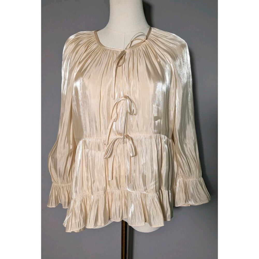 Cinq A Sept Cream Satin Tiered Peplum Blouse Small Tie Front Long Sleeve Shimmer